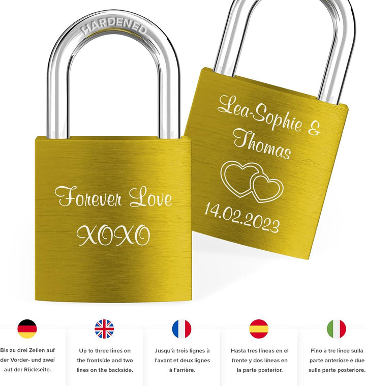 LIEBESSCHLOSS-FACTORY Liebes-Schloss Gold mit Gravur und Schlüssel, gratis Geschenkbox uvm. Jetzt gr