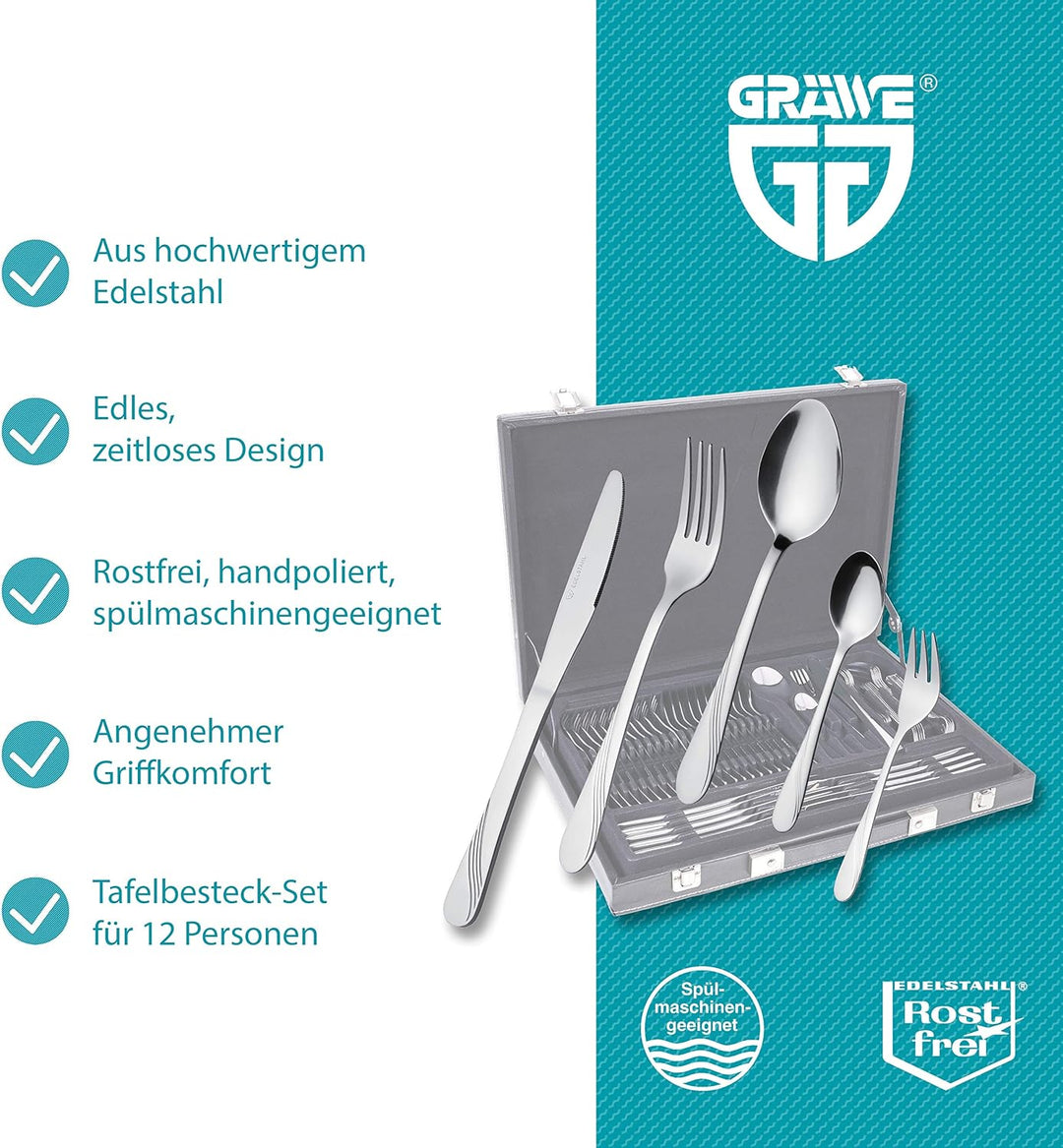 GRÄWE Besteckkoffer für 12 Personen aus Edelstahl, Besteckset 60-teilig, nickelfrei, rostfrei, handp
