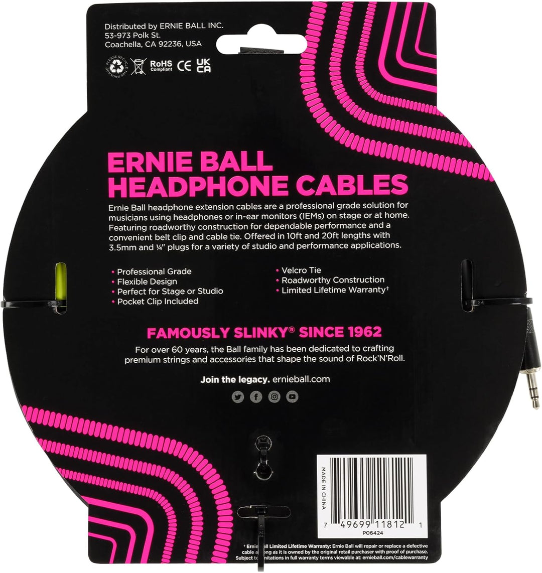 Ernie Ball Kopfhörer-Verlängerungskabel, 3,5 mm auf 3,5 mm, 3 m - Schwarz 3 m 3.5mm / 3.5mm, 3 m 3.5