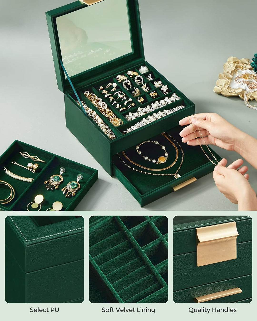 SONGMICS Schmuckkästchen, Schmuckkasten mit 3 Ebenen, Schmuckbox mit Glasdeckel, 2 Schubladen, Schmu
