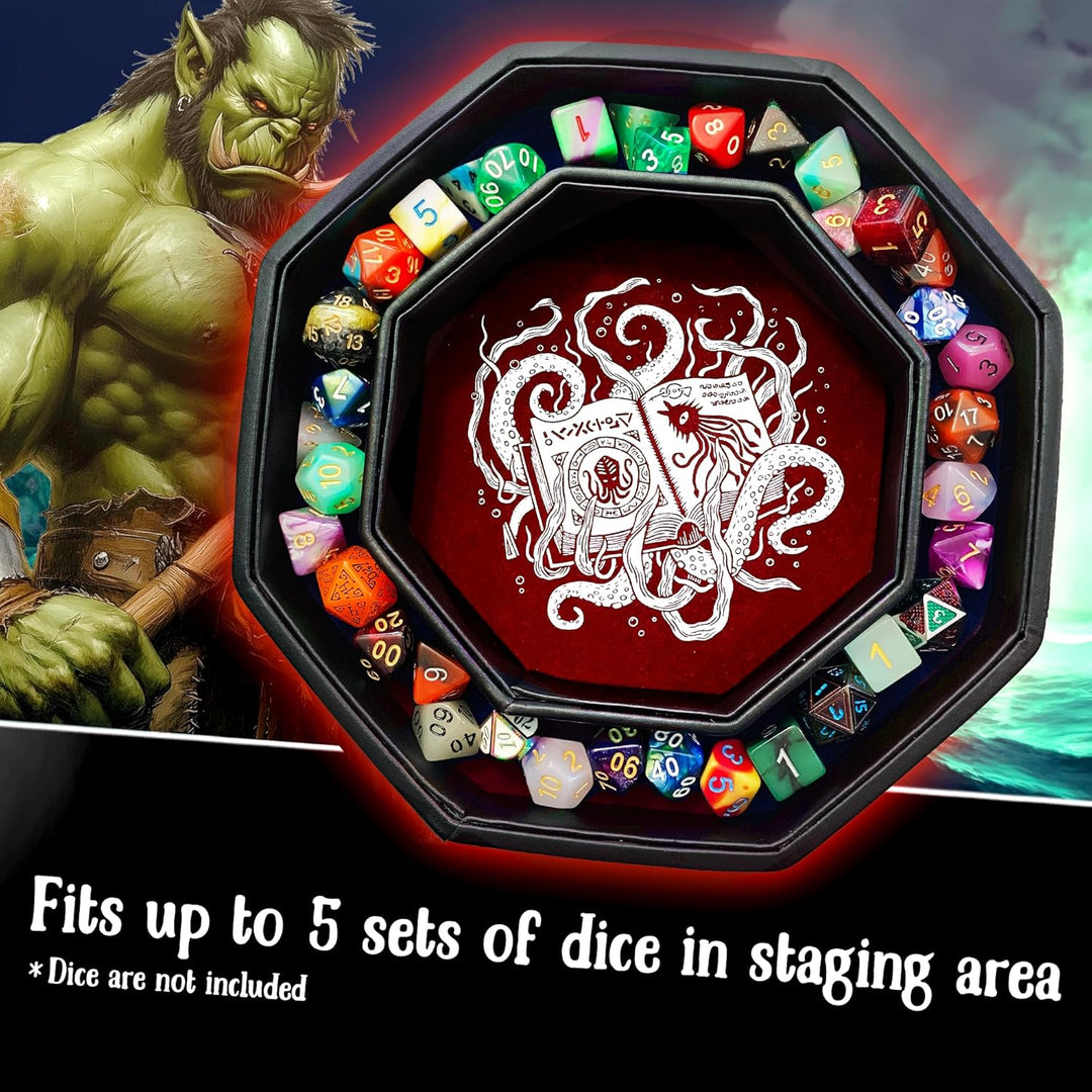 Fantasydice-Cthulhu Tome-RED- Dice Storage and Rolling Tray - 20CM Octagon with Lid and Dice Staging