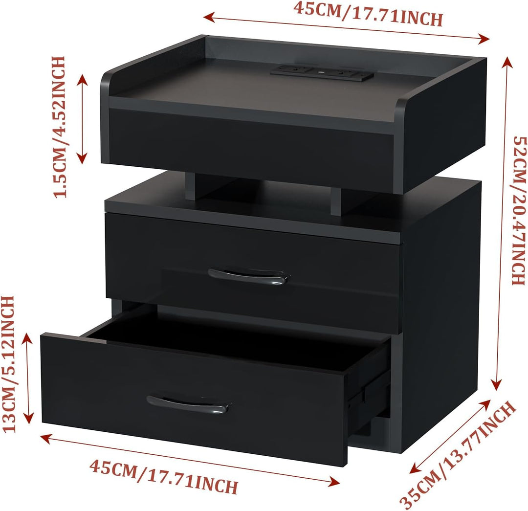Nachttisch Schwarz mit Steckdose, Nachtschrank mit Ladestation und USB Anschlüsse, Nachttisch mit LE