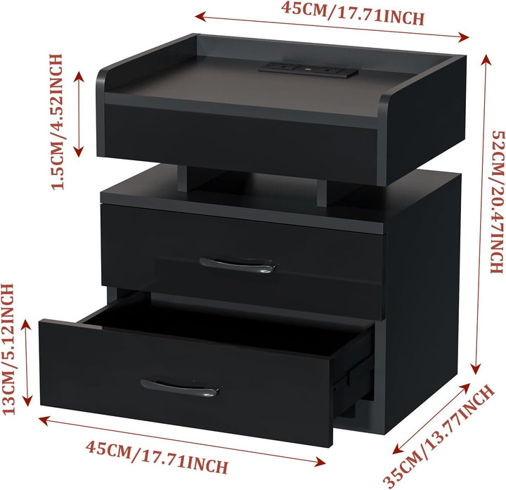 Nachttisch Schwarz mit Steckdose, Nachtschrank mit Ladestation und USB Anschlüsse, Nachttisch mit LE