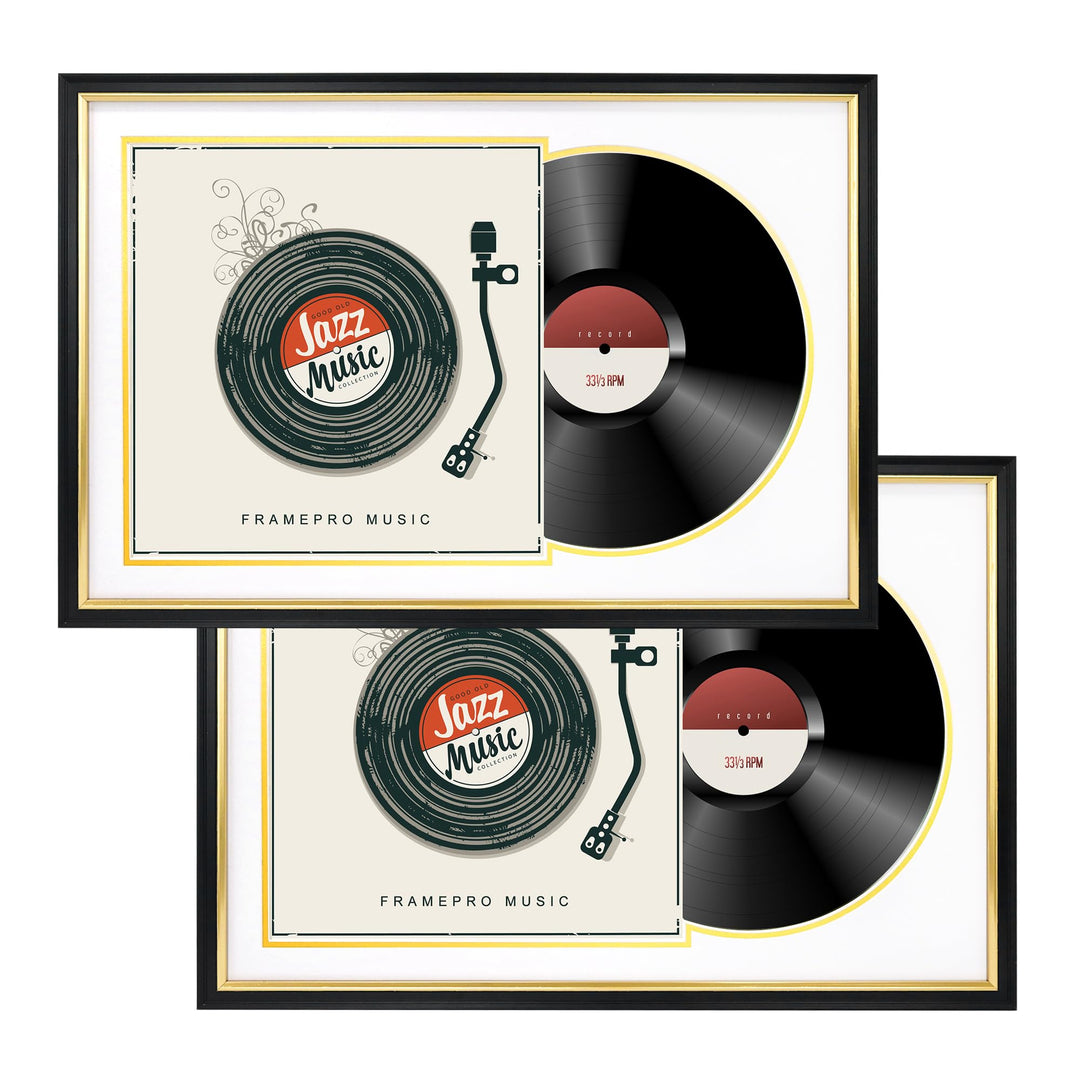 FramePro Schallplattenrahmen mit 2 doppelseitigen Matten (Weiss über Gold), Jukebox Schallplattenrah