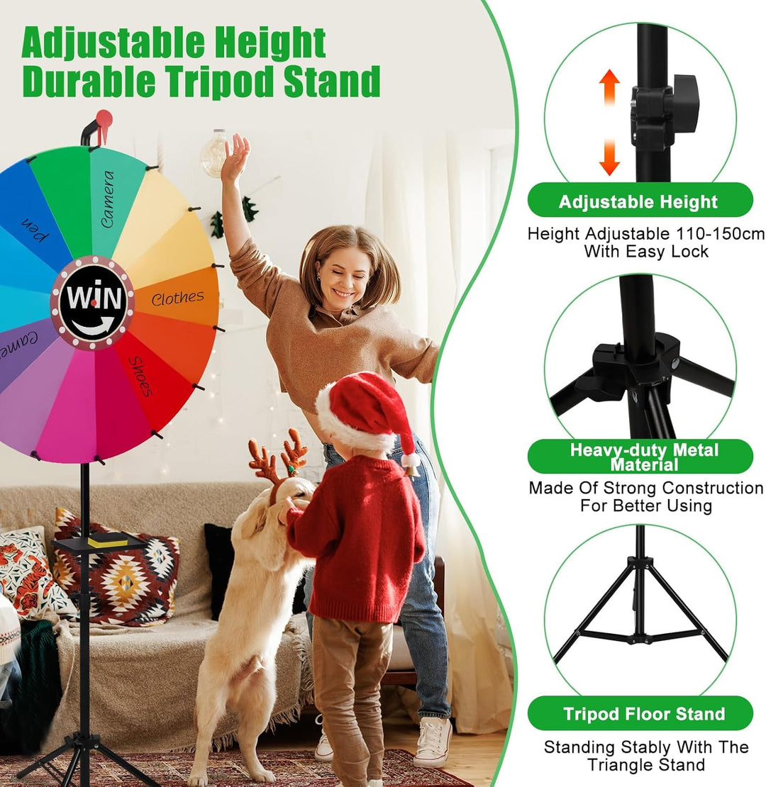 Glücksrad zum Drehen gross 24", Glücksrad mit 14 Steckplätze, Tablett, Radiergummi, Marker, Höhenver