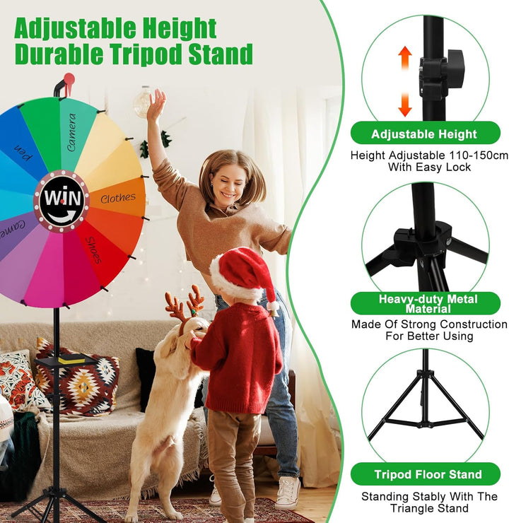 Glücksrad zum Drehen gross 24", Glücksrad mit 14 Steckplätze, Tablett, Radiergummi, Marker, Höhenver