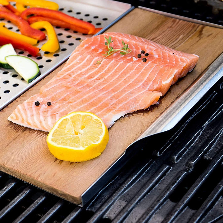 Rustler Grillplatte aus rostfreiem Edelstahl mit Räucherbrett | Grillplanke aus 100% original kanadi
