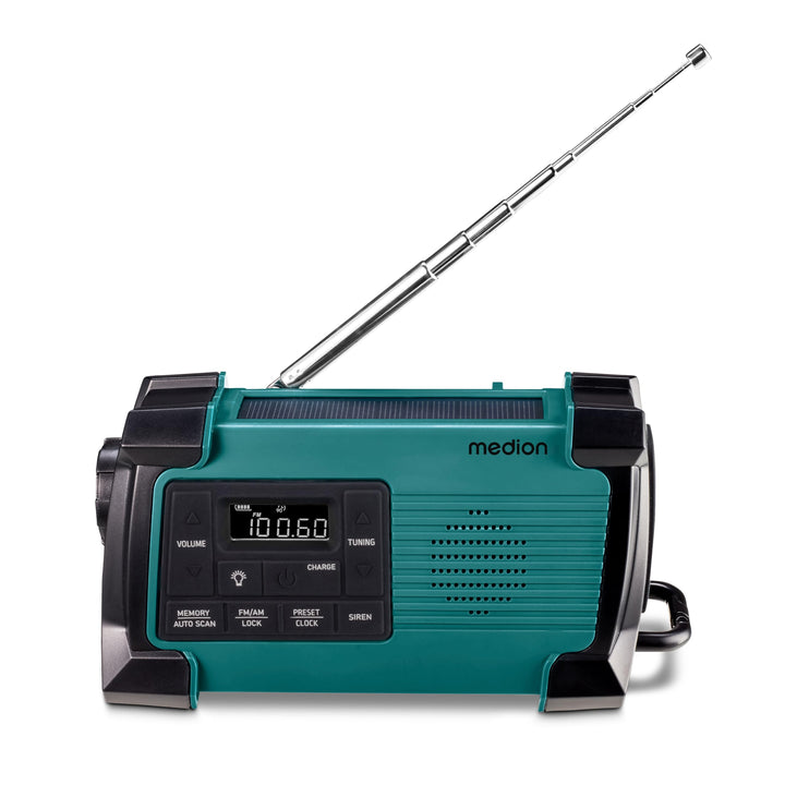 MEDION E66805 Kurbelradio (Solar, Dynamo Handkurbel, Baustellenradio, PLL UKW Radio, Taschenlampe IP