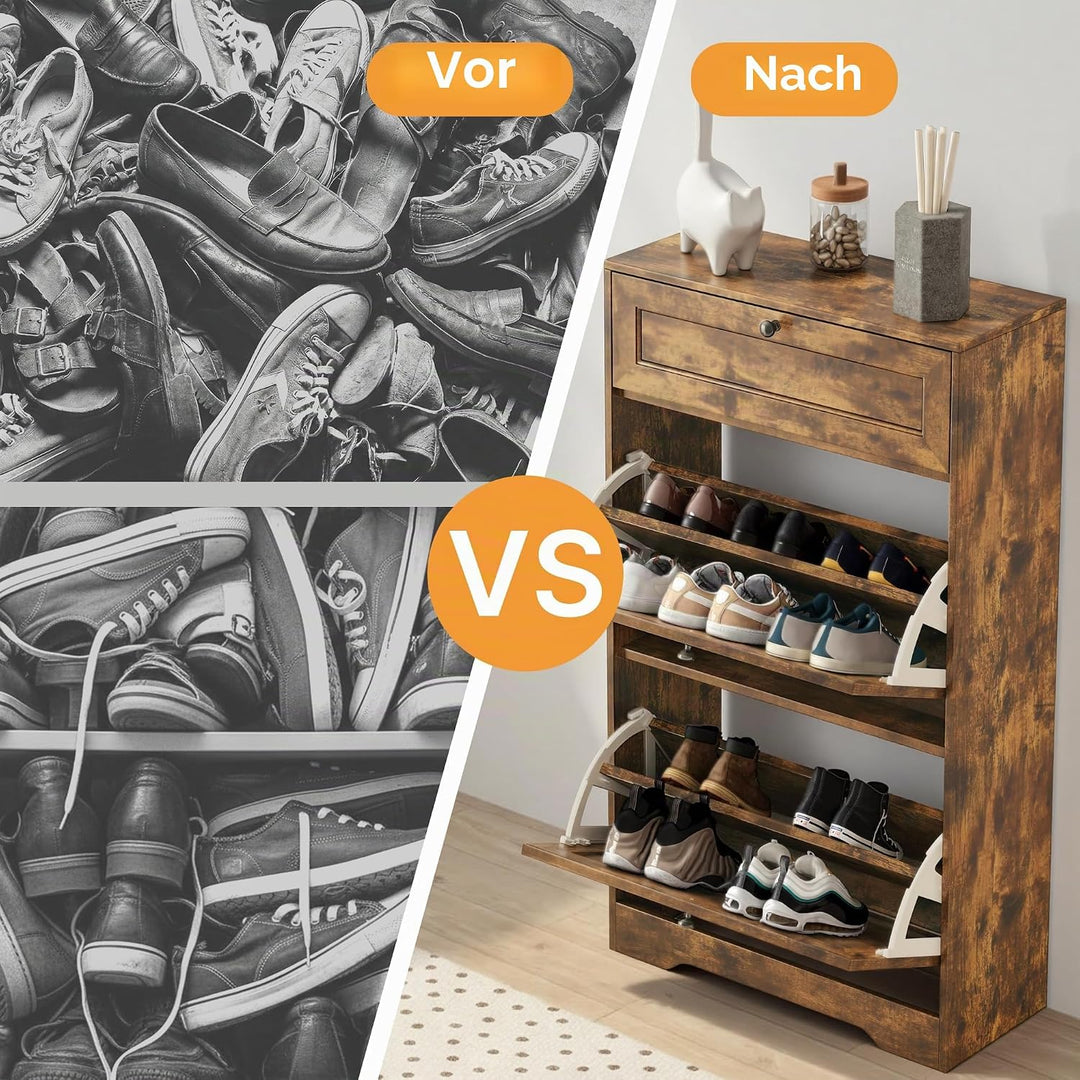 Xbro Schuhschrank mit Schublade und 2 Klappen, Schuhkipper Schmal, Schuhregal für 10–12 Paar Schuhe,