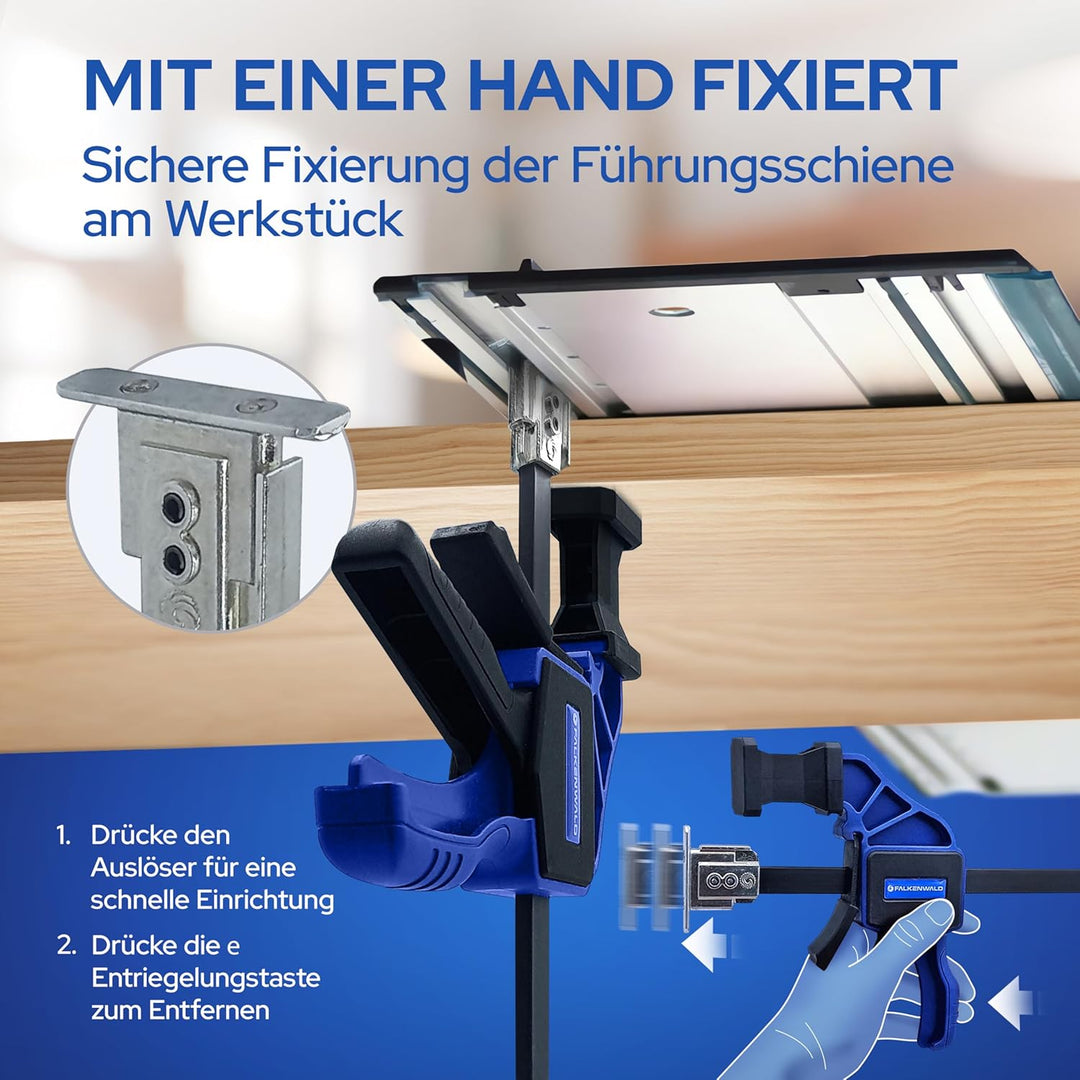 Falkenwald® Einhandzwinge Set 2 Stück für Bosch Führungsschiene - Zum Spannen, Dehnen, Fixieren mit