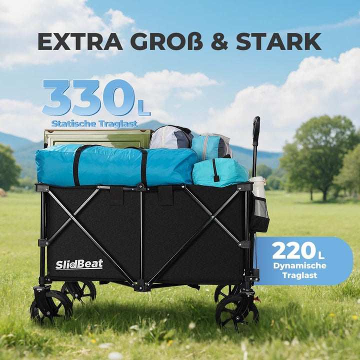 SLIDBEAT XXL Bollerwagen Faltbar 220L 200KG, Faltbarer Bollerwagen mit Bremsen, Getränkehalter Verst