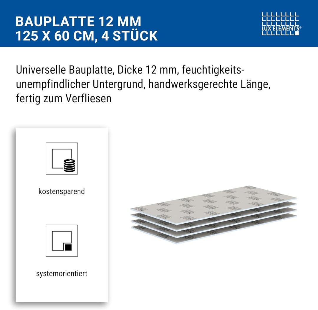 LUX ELEMENTS Bauplatte Fertig zum Verfliesen, 125 x 60 cm, 4 Stück (3 qm) LELEE4135, Grau, 12 mm Bau