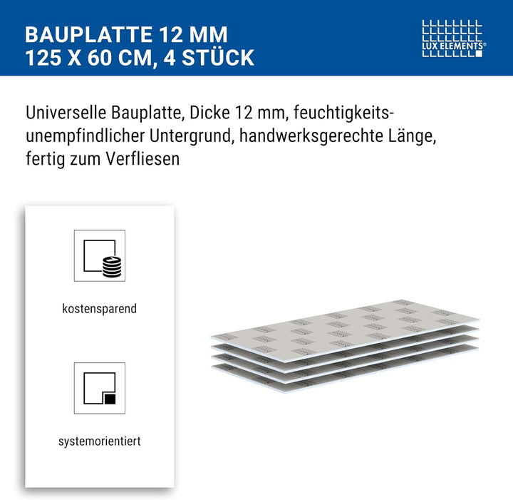 LUX ELEMENTS Bauplatte Fertig zum Verfliesen, 125 x 60 cm, 4 Stück (3 qm) LELEE4135, Grau, 12 mm Bau
