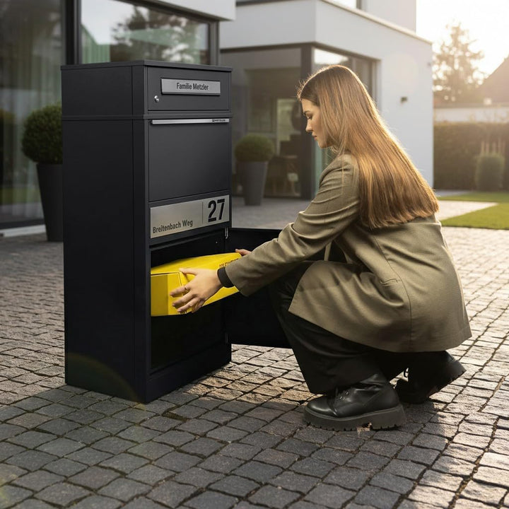 Metzler Paketbox mit 1 Briefkasten – Einzel-Briefkasten mit Paketfach & Namensgravur, personalisiert