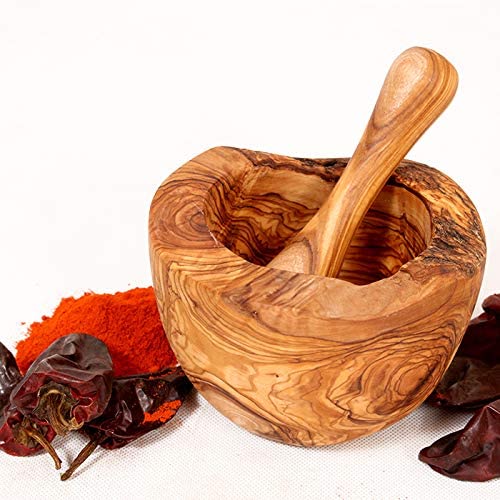 Mörser mit Stössel aus Olivenholz, Kräutermörser, handgefertigt mit Naturrand, Küchenmörser Holzmörs