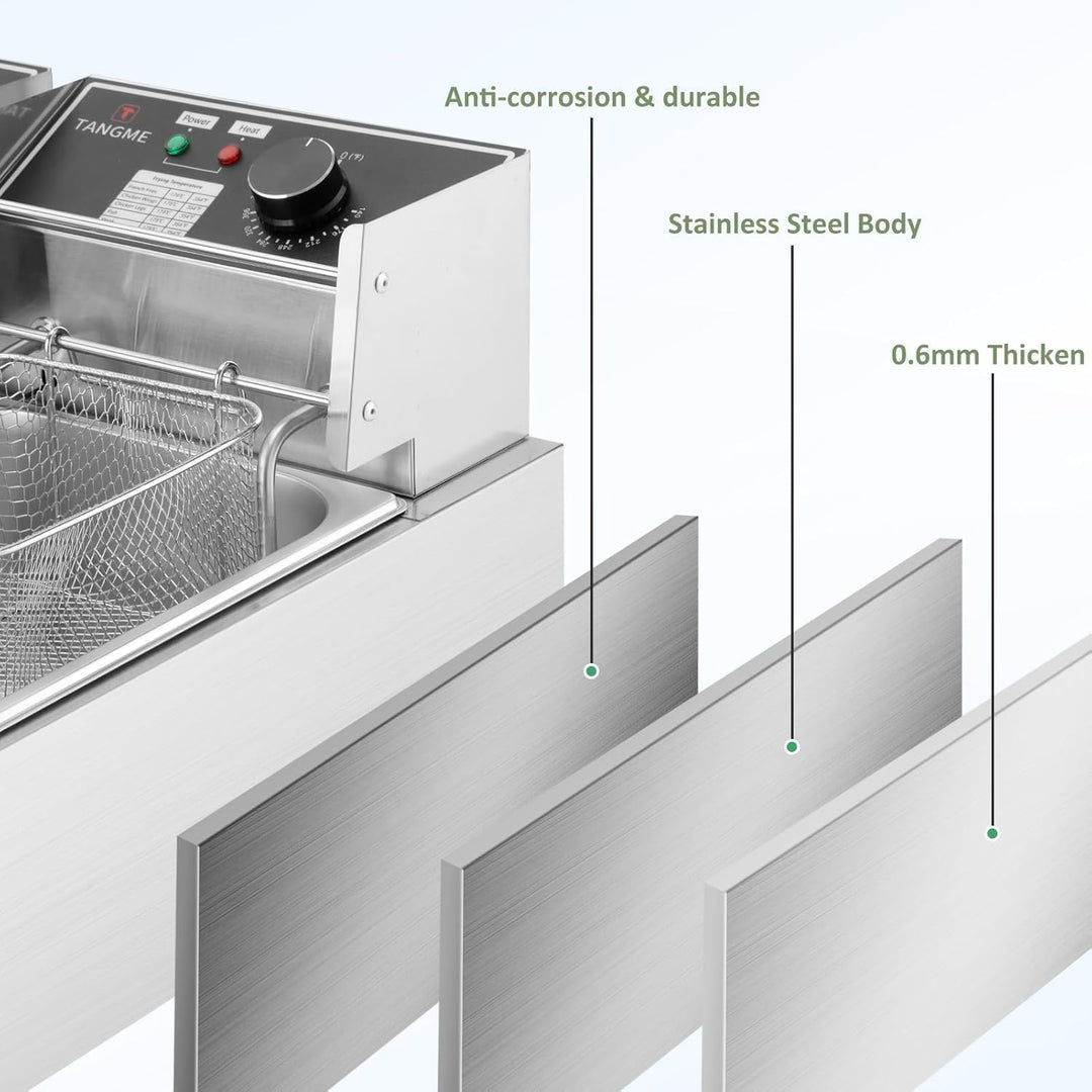 TANGME Kommerzielle Fritteuse, 5000W Elektrische Fritteuse mit 2x6L Körben 0,8mm Edelstahl Doppelter