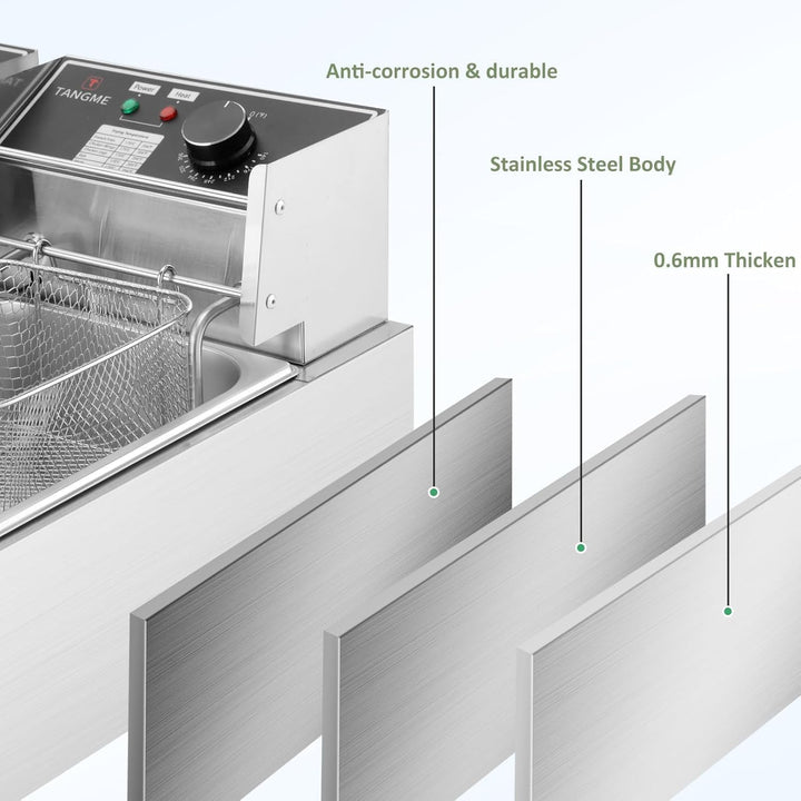 TANGME Kommerzielle Fritteuse, 5000W Elektrische Fritteuse mit 2x6L Körben 0,8mm Edelstahl Doppelter