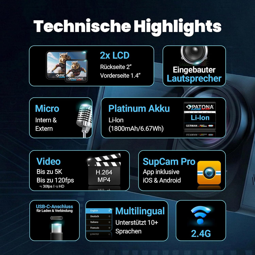 PATONA Action Cam Life SL4 | 5K 120fps 64MP EIS | 120° Weitwinkel Videokamera | Dual Screen Kamera |
