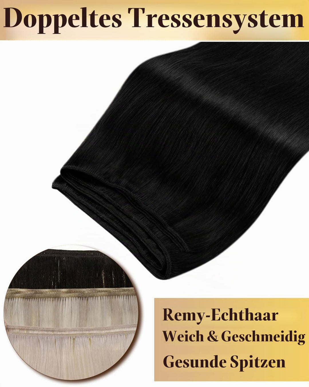 Hetto Extensions Tressen Echthaar Sew in Echthaar Tressen Extensions 40cm Schwarz Tressen Extensions