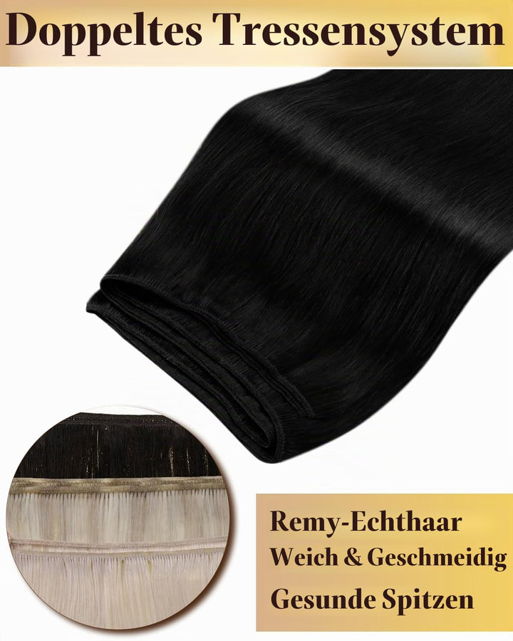 Hetto Extensions Tressen Echthaar Sew in Echthaar Tressen Extensions 40cm Schwarz Tressen Extensions