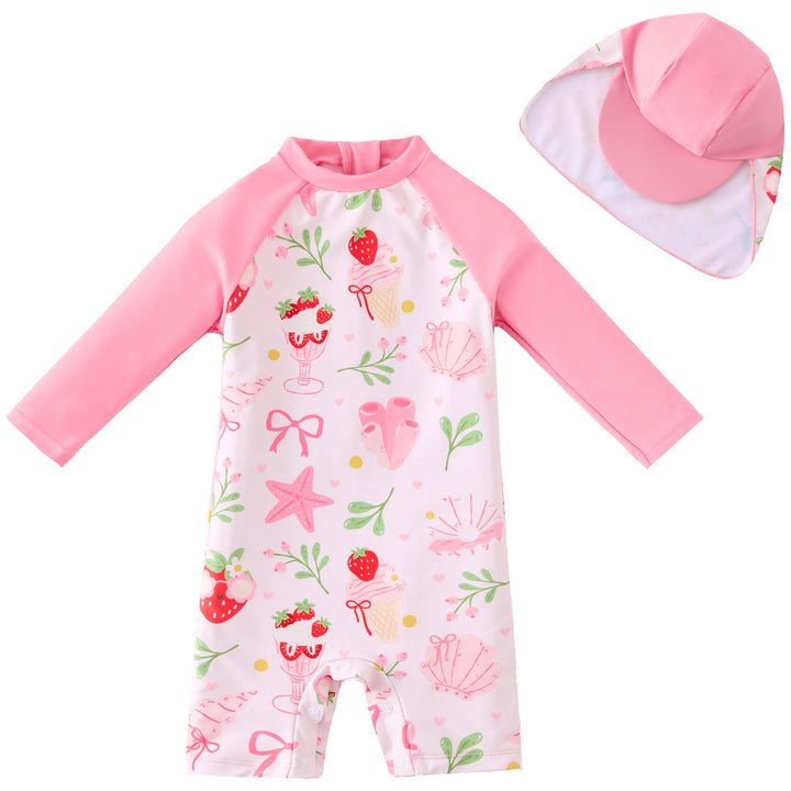UMELOK Baby Badebekleidung Mädchen Badeanzug mit Sonnenhut UV Schutz 3-6 Monate Erdbeereis, 3-6 Mona