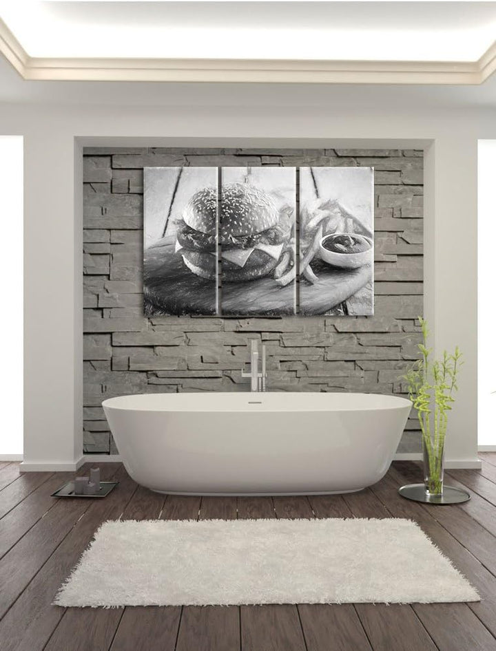 Pixxprint Chickenburger Pommes als Leinwandbild/Grösse: 3 Teilig (120x80 cm) cm/Wandbild/Kunstdruck/
