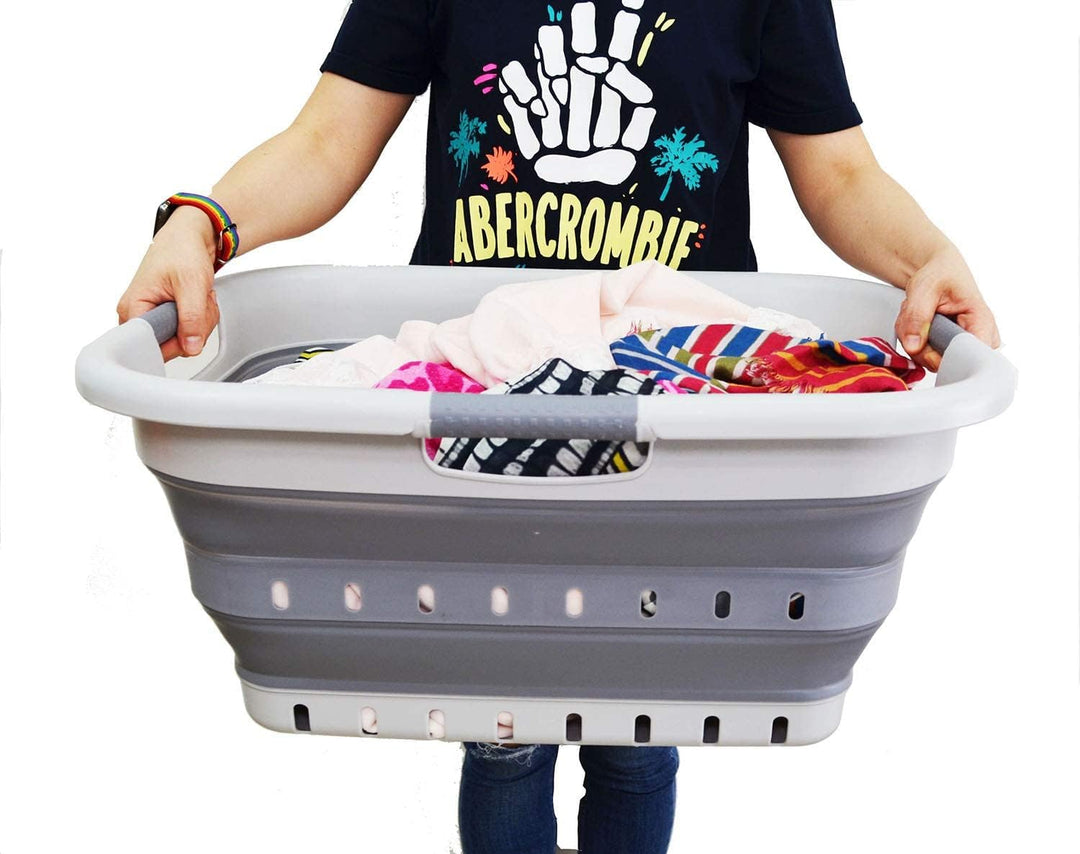 SAMMART 41L Collapsible 3 Handled Plastic Laundry Basket - Foldable Pop Up Storage Basket/Organizer