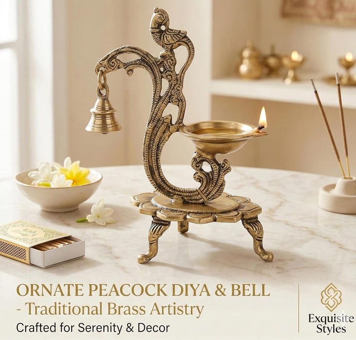 eSplanade Lotos runde Messingdiya-Öllampe für Haus und Büro Peacock Diya mit Bell Golden Peacock Diy