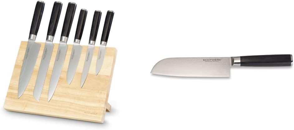 ECHTWERK Damastmesser Set 7tlg. Inkl. Magnet-Messerblock aus Holz & EW-DM-0360 Damastmesser Santokum