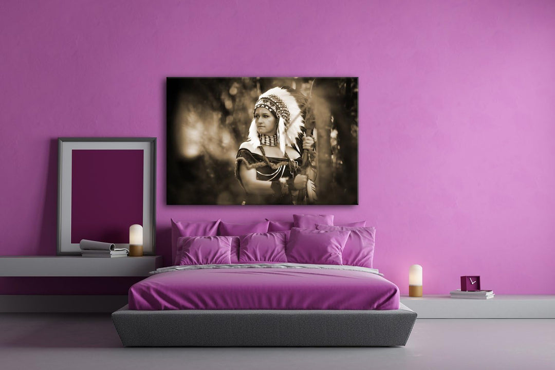 deyoli stolze Indianerin Format: 80x60 Effekt: Sepia als Leinwand, Motiv fertig gerahmt auf Echtholz
