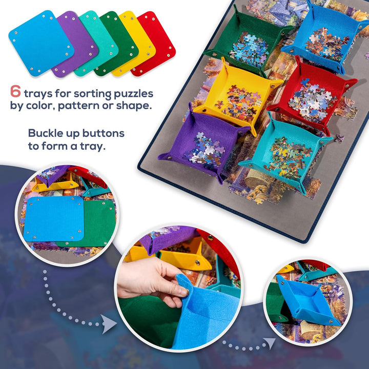 Tektalk Puzzlebrett mit 6 Farbsortiertabletts – tragbare Puzzlematte mit rutschfester Oberfläche, st