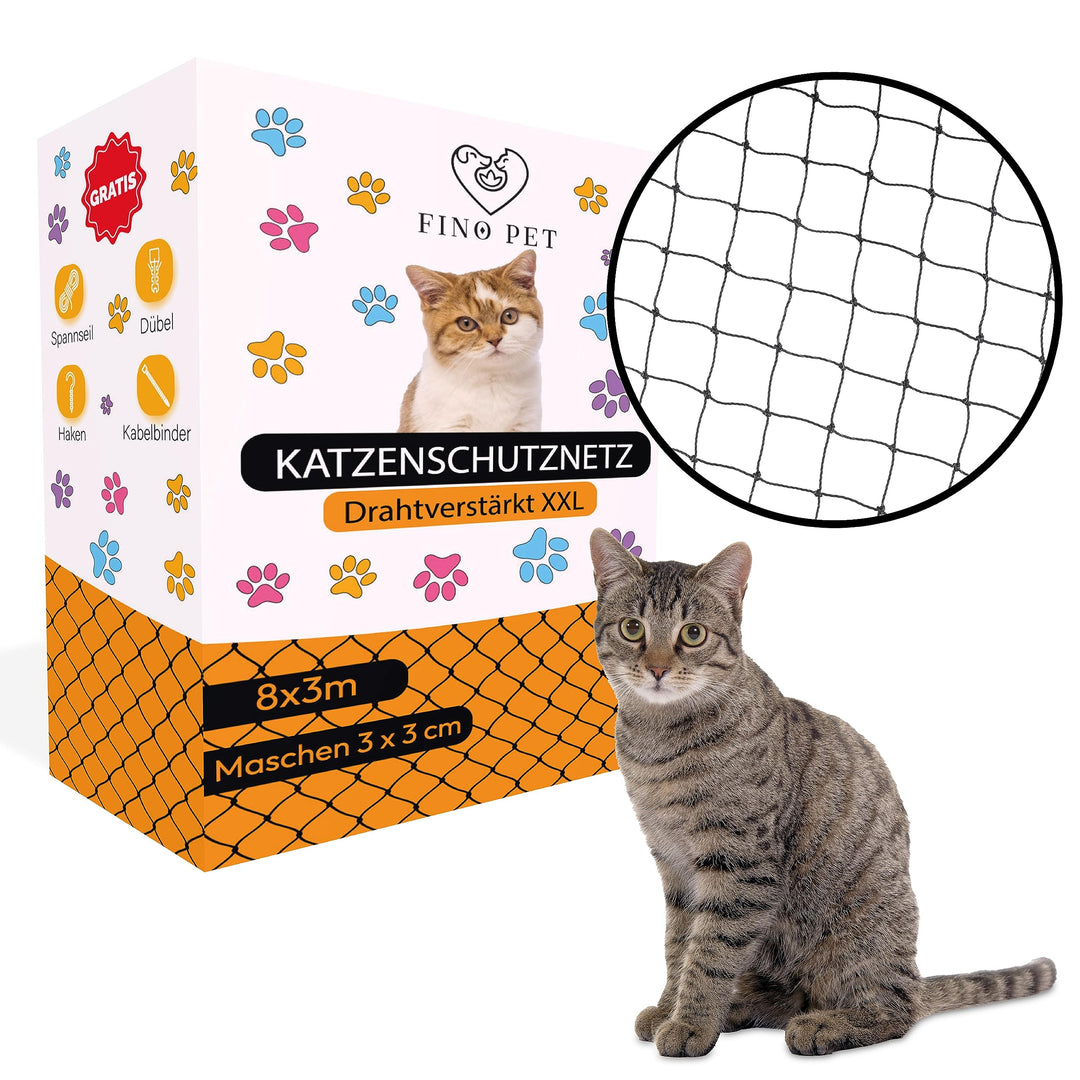 FinoPet Katzennetz für Balkon drahtverstärkt 8x3 Meter inklusive Befestigungsmaterial, Katzenschutzn