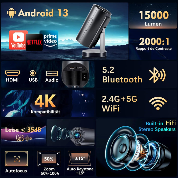 Autofokus/Trapezkorrektur VGKE Mini Beamer Heimkino 4K Unterstützt, 15000 Lumens Full HD Videoprojek