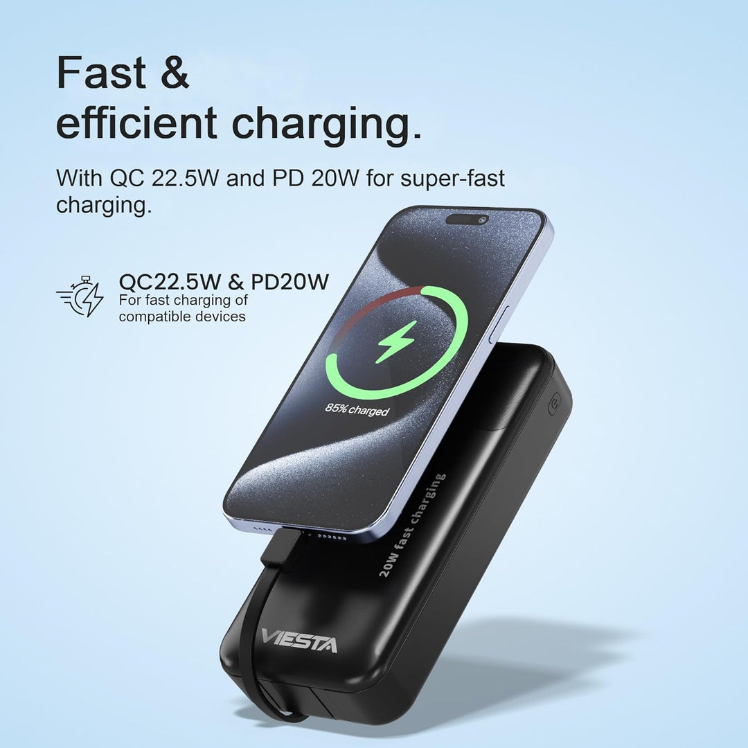 Powerbank 20.000 mAh Schwarz – 22,5 W Schnelllade-Powerbank mit PD 20W, integriertem USB-C- & Lightn