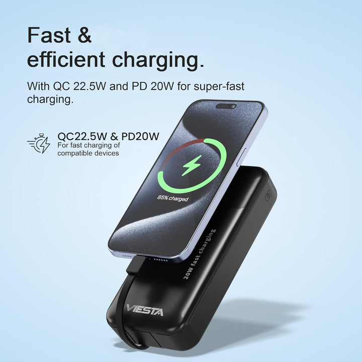 Powerbank 20.000 mAh Schwarz – 22,5 W Schnelllade-Powerbank mit PD 20W, integriertem USB-C- & Lightn