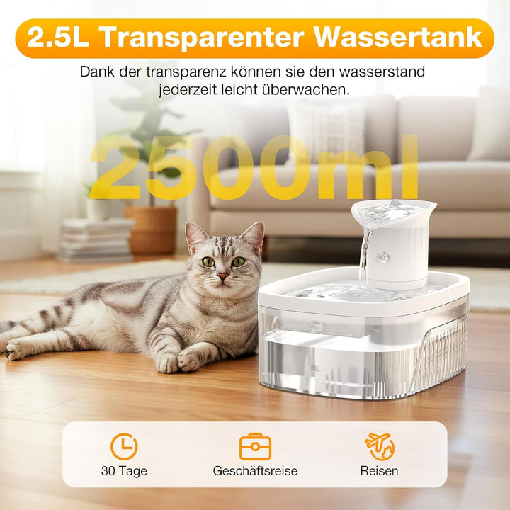 2.5L Katzenbrunnen, 2200mAh Katzenbrunnen Kabellos, Trinkbrunnen für Katze Kabellos mit Bewegungsmel