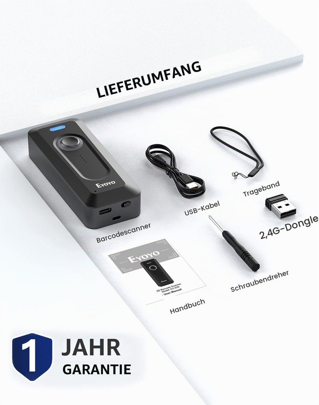 Eyoyo 2D Bluetooth Barcode Scanner mit Klipp, 2000mAh Akku mit Füllstandsanzeige, tragbarer Mini Wir