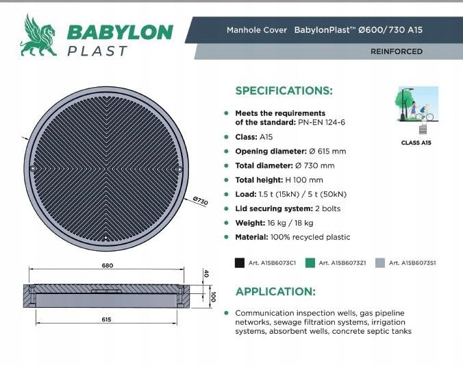 BABYLONPLAST Schachtabdeckung, Schachtdeckel DN615/730, 50 kN - Hochbelastbarer Kunststoff Kanaldeck