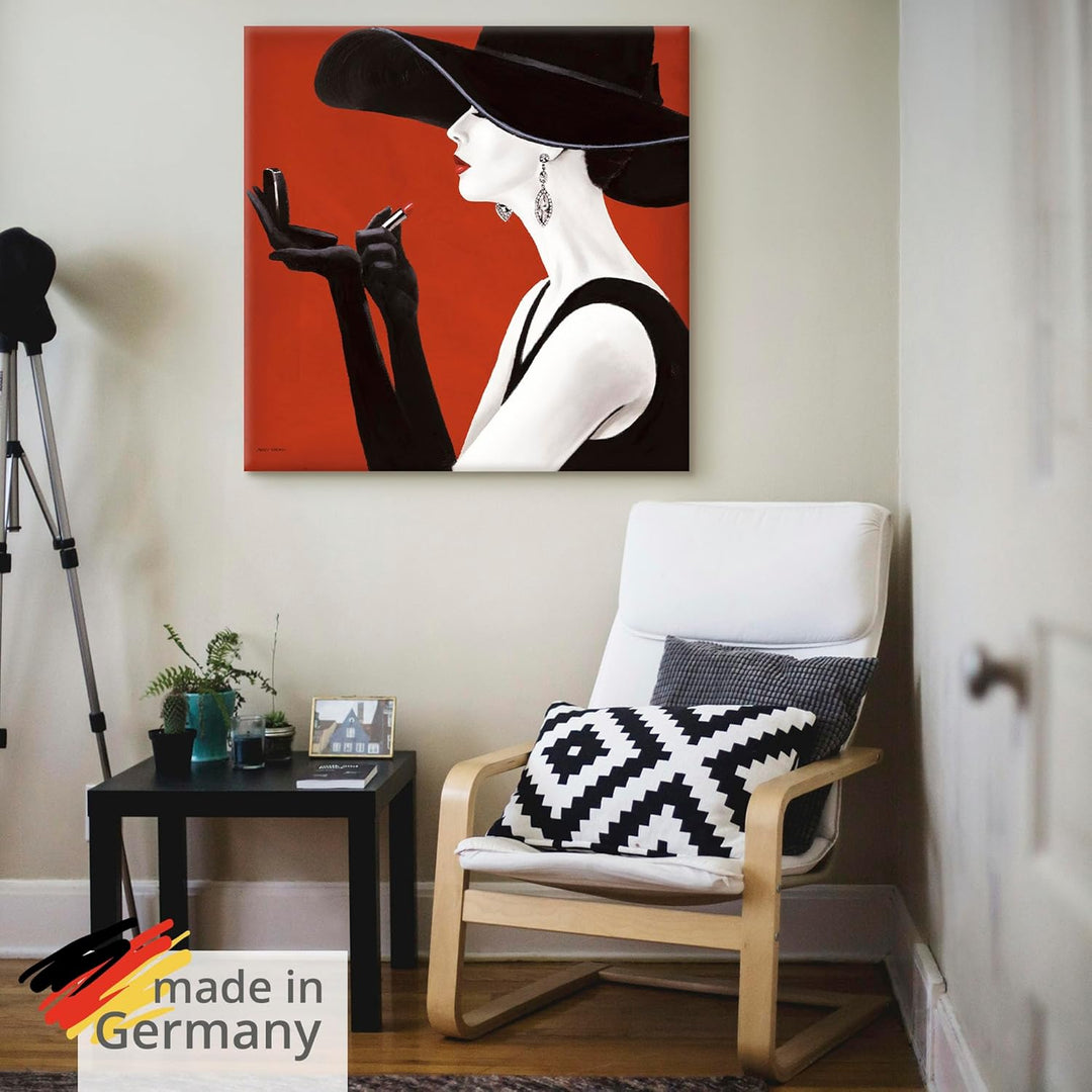 ARTland Leinwandbilder Wandbild Bild auf Leinwand 70x70 cm Wanddeko Frau Hut Stil Lippenstift Beauty