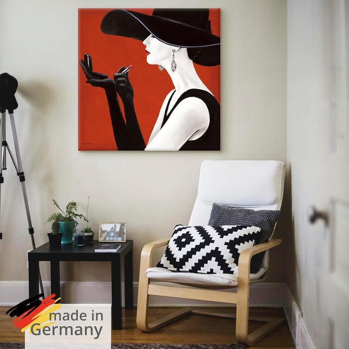 ARTland Leinwandbilder Wandbild Bild auf Leinwand 70x70 cm Wanddeko Frau Hut Stil Lippenstift Beauty