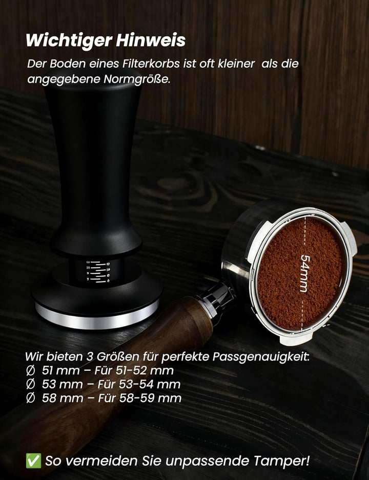 Kaffee Tamper 53mm, Kaffeepresse, Espresso Tamper mit 30lbs Anpressdruck, Skalenanpassung, 304 Edels