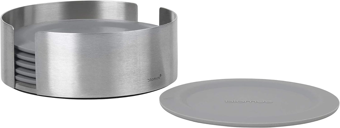 blomus -LARETO- Set aus 6 Silikon-Untersetzern, eleganter Grauton, inkl. Edelstahlhalter, Farbe Shar