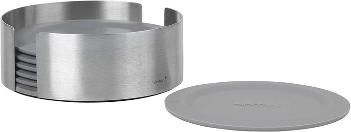 blomus -LARETO- Set aus 6 Silikon-Untersetzern, eleganter Grauton, inkl. Edelstahlhalter, Farbe Shar
