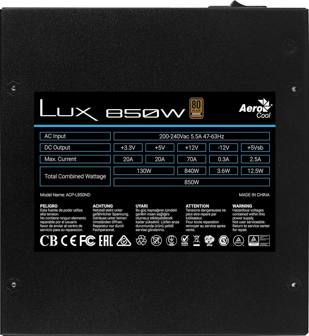 AeroCool LUX850, PC-Netzteil 850W, 80 Plus Bronze 230V 88% Efic, APFC, LUX850