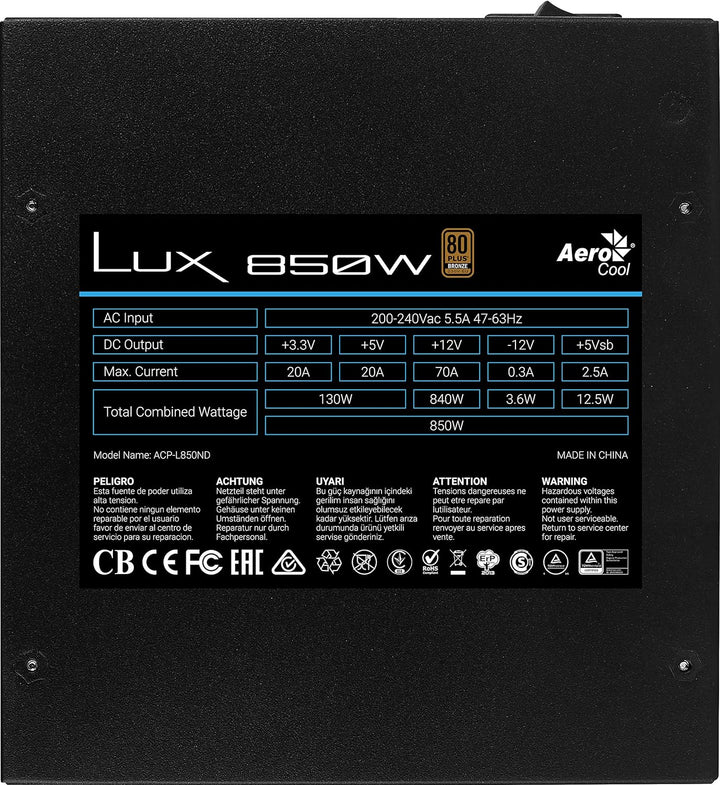 AeroCool LUX850, PC-Netzteil 850W, 80 Plus Bronze 230V 88% Efic, APFC, LUX850