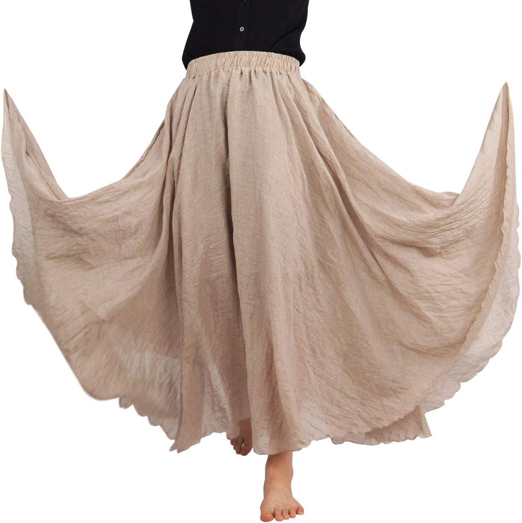 FEOYA Baumwolle Leinen Maxirock Boho Sommer Rock Double Layer Elastische Taille Faltenrock Frauen Ei