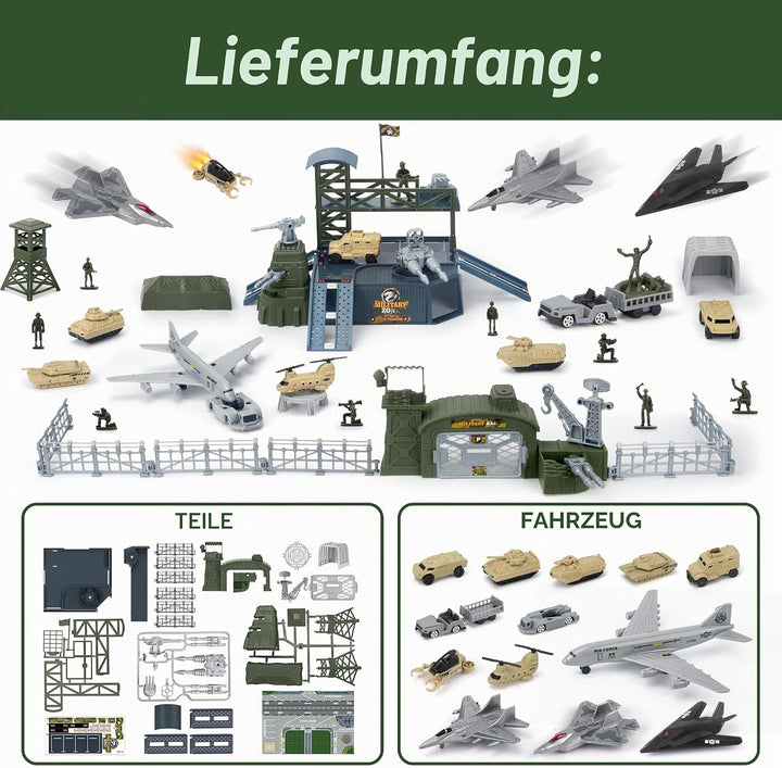 Militär Panzer LKW Spielzeug mit 13 Fahrzeugen, Hubschrauber Kampfjet Spielmatte Soldaten Figuren, G