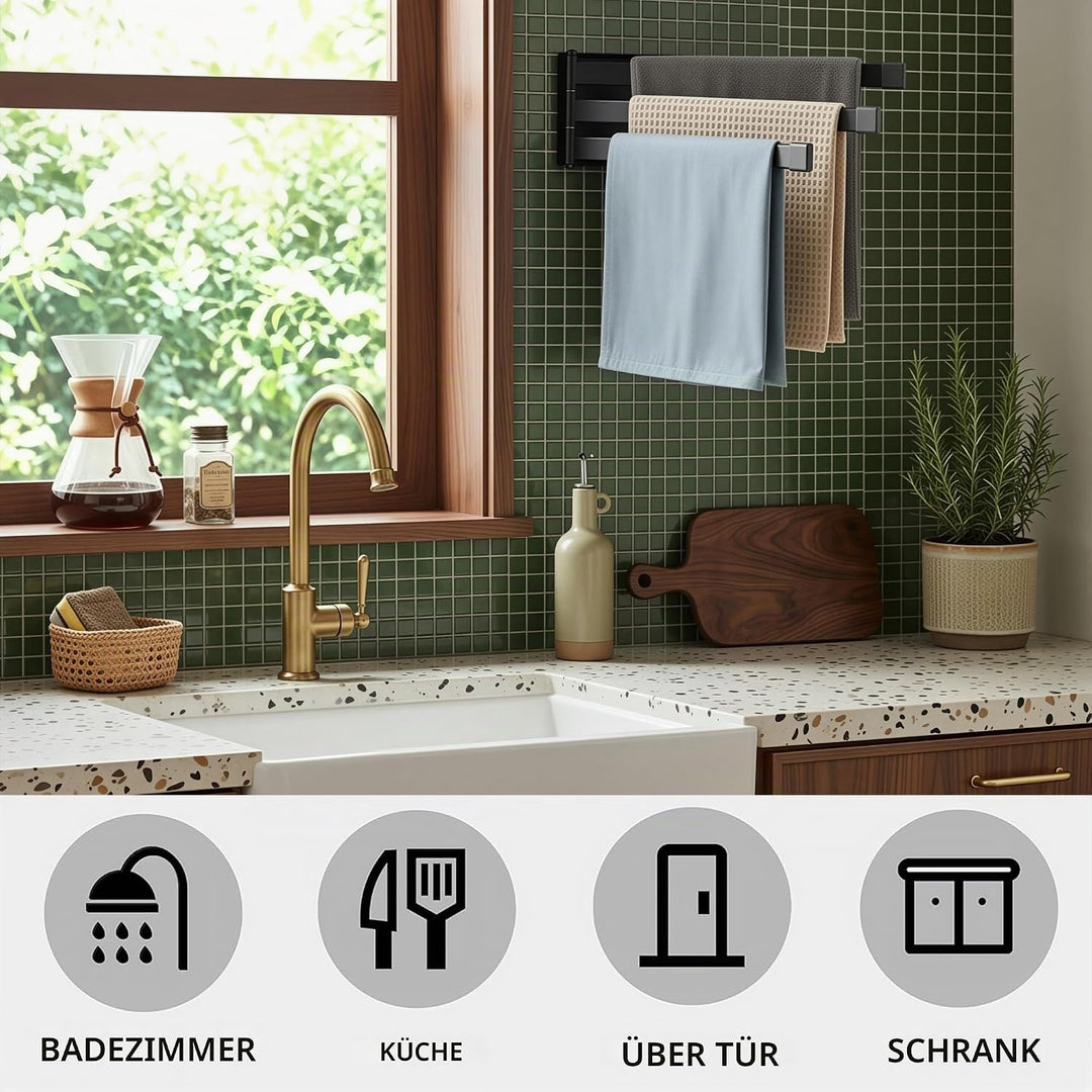 Swing Handtuchhalter Rack Matt Schwarz Wandmontage Handtuchstange Drehgelenk mit 3 Arm für Badezimme