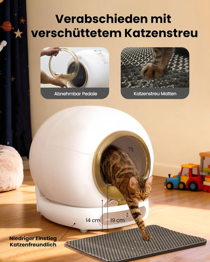 Selbstreinigende Katzentoilette mit Türvorhang, 65L+9L Katzenklo Selbstreinigend mit Müllbeutel, Mat