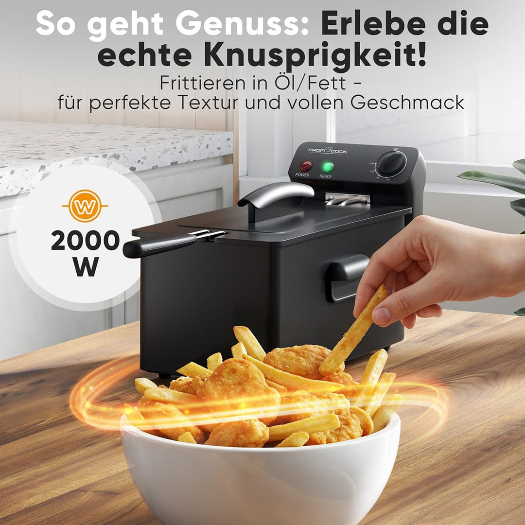 ProfiCook® Friteuse mit Fett | 130-190°C | Fritteuse mit Öl | 2000W | 3L | spülmaschinengeeignete Te